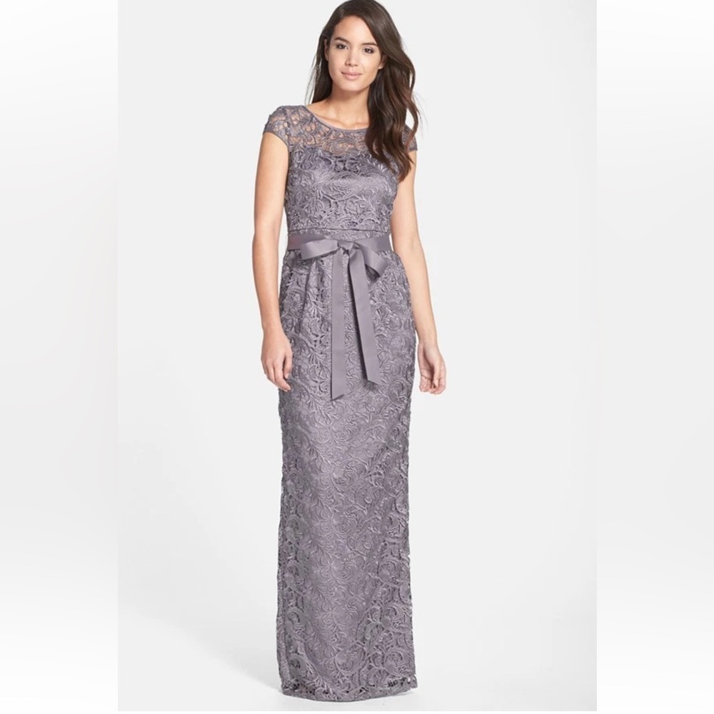 Adrianna Papell gray lace overlay cap sleeve maxi dress gown size 4